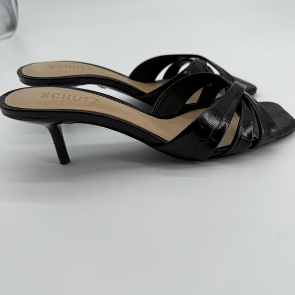Schutz Keefa Black Croc Embossed Heeled Sandals Strappy Slip On Mules Womens 7 - Picture 7 of 14